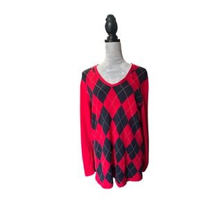 Tommy Hilfiger Argyle V Neck Sweater Long Sleeve XL Extra Large Red‎ Black